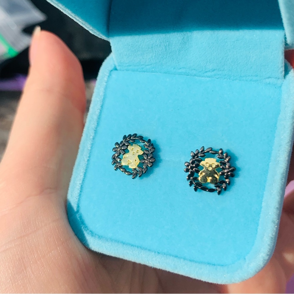 TOUS S925 Gold Black Wreath Silver Bear Mini Hoops Pin Earrings